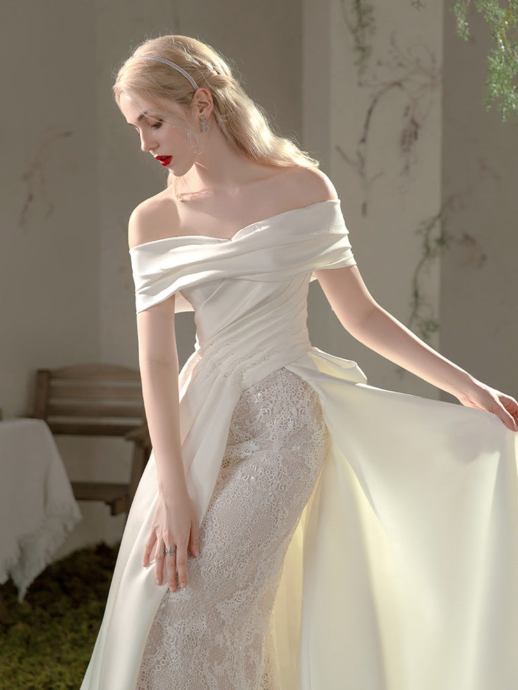 Simple and soft French satin one-shoulder wedding dress- Raquel XS / White