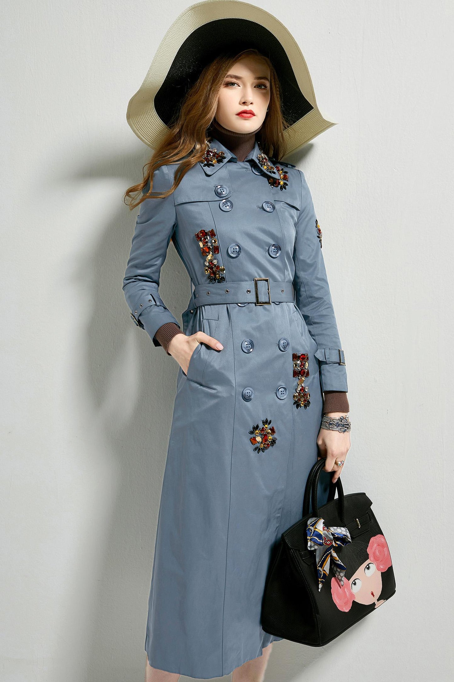 Classic autumn winter luxury limited edition handmade beaded long trench coat - Siaha Blue