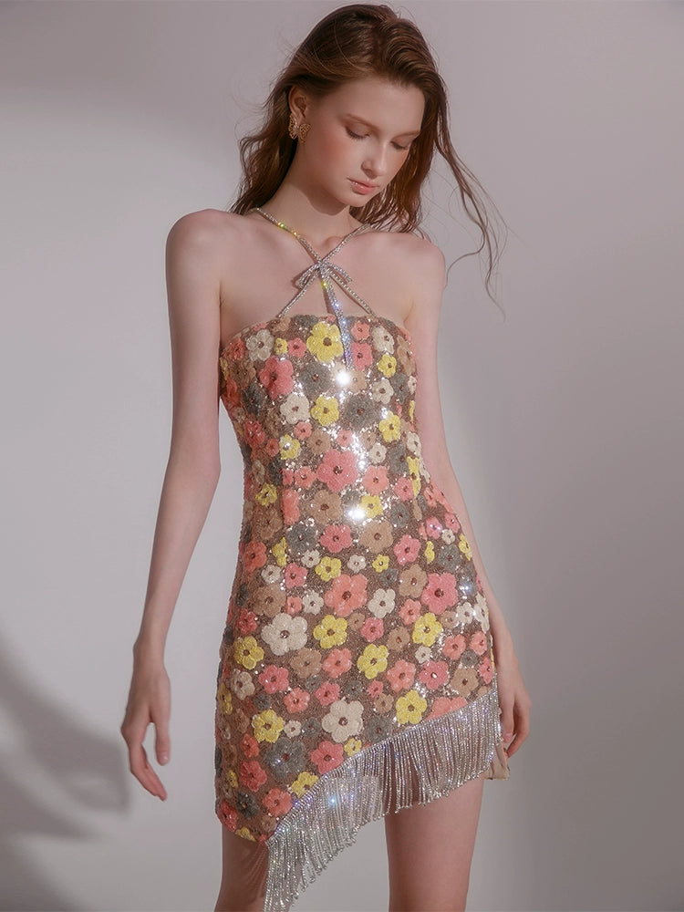 Wardrobes by Chen HighEnd Halter Diamond Tassel  sequin cocktail dress-Jam