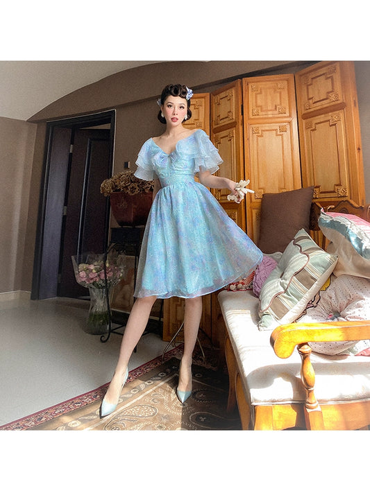 Le Palais Vintage Retro 50s Classic Floral Fluffy Ruffled Cocktail dress-Pristine.