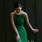 Vintage Ivory Emerald Dress with Halter Neck- Golina