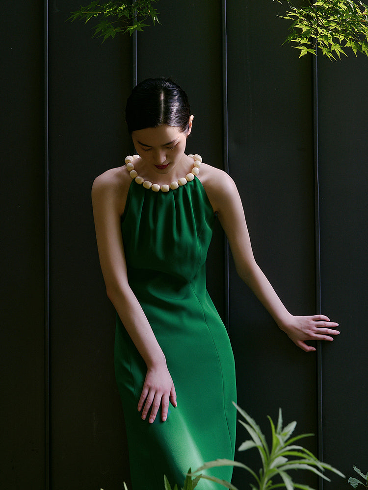Vintage Ivory Emerald Dress with Halter Neck- Golina XS / Emerald Vintage Ivory Emerald Dress with Halter Neck- Golina XS / Emerald