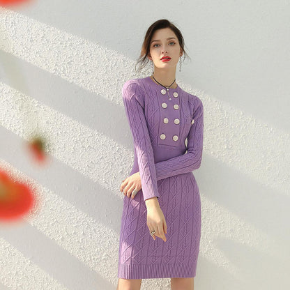 Timeless autumn and winter double breasted Lavender sweater dress - Kiestn
