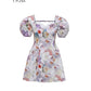 Flowers puff sleeves, flower sleeves, waist wide skirt short dress- Futu