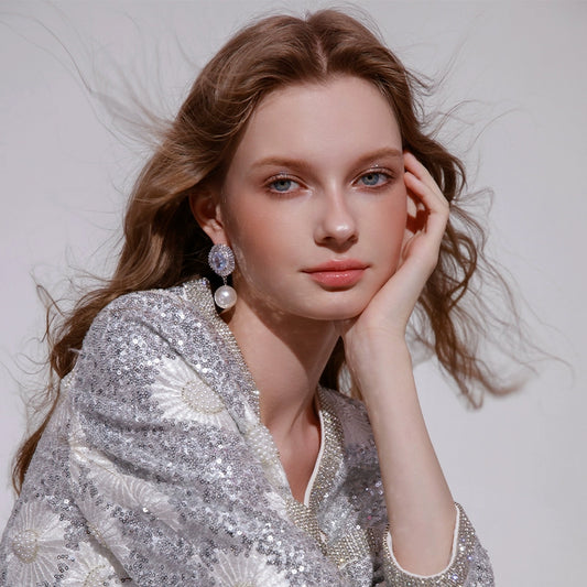 Wardrobes by Chen Luxury Silver Diamond Pearl Earring-Pearl