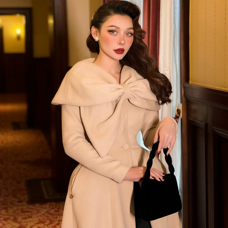 le palais vintage retro 1950s elegant khaki large bow collar slim long coat - Liza