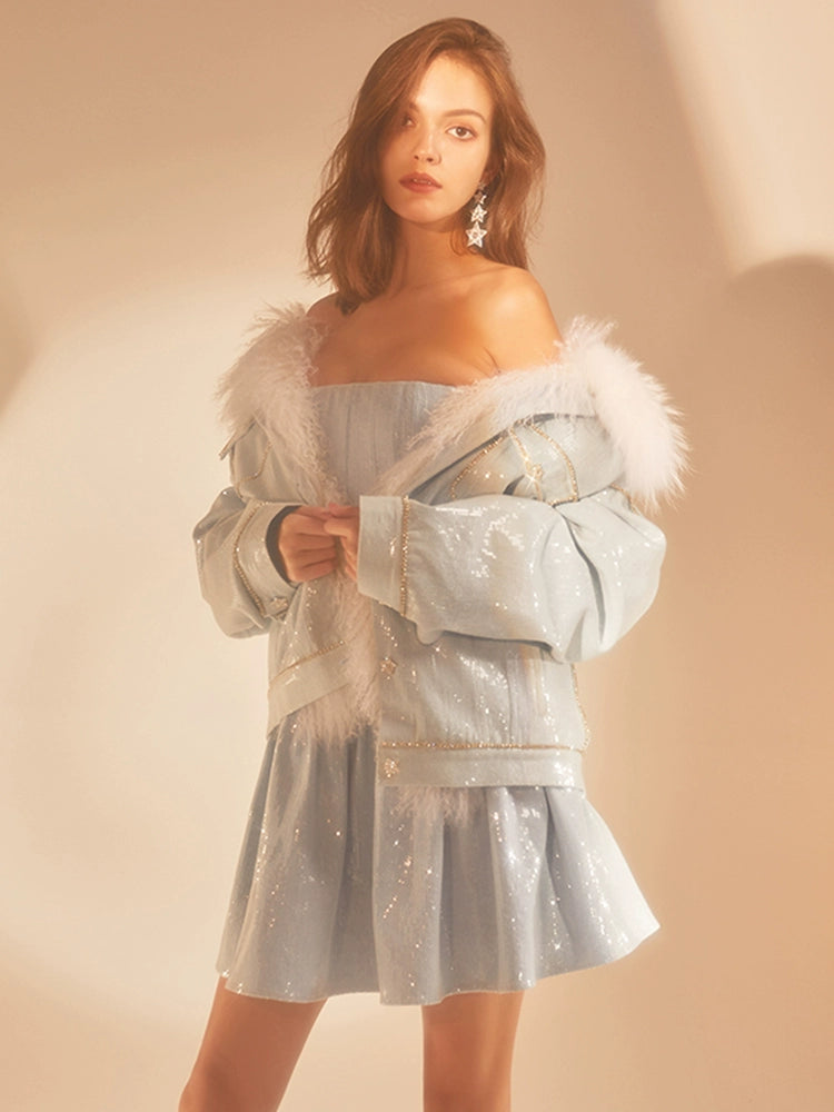 Wardrobes By Chen Luxury Blue Long Sleeve Straight Fur Jacket/Tube Dress-Dee