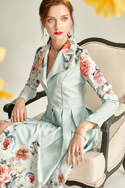Audrey Hepburn inspired retro light blue pastel blue floral printed long sleeve 1950's inspired midi full swing dress - Roman