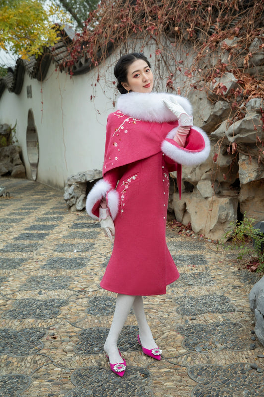 Magic Q red plum crewneck fox embroidery beaded detachable shawl lamb wool coat- Yinna