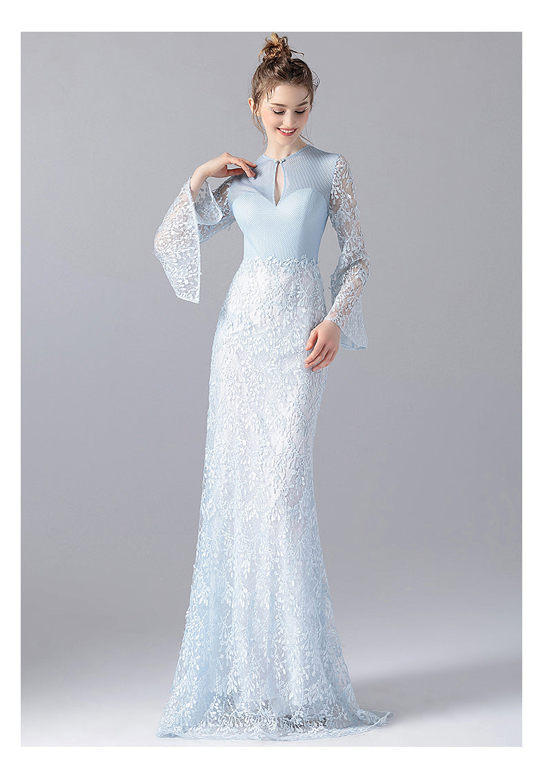 Elegant blue half-sleeve dinner long lace dress =Nolib