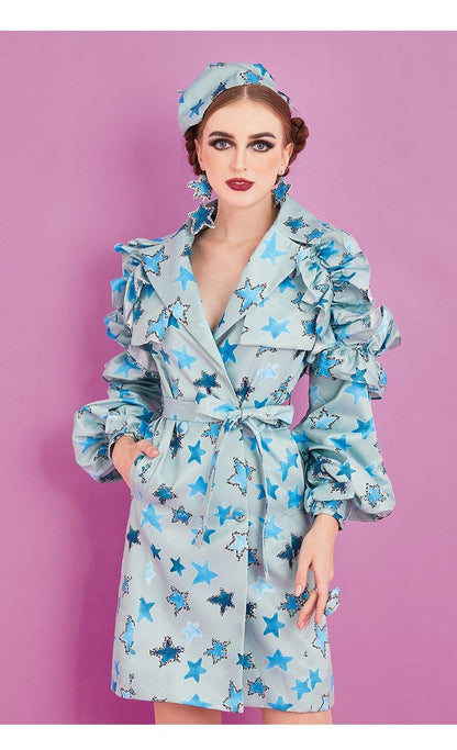 Printed embroidery bandage lace pocket trench coat dress- Fifi