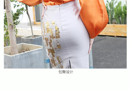 Limited edition designer cut out Shoulder V-neck bubble lantern sleeve Top blouse + Beaded Bag pencil Skirt two piece suit set  - Anjou