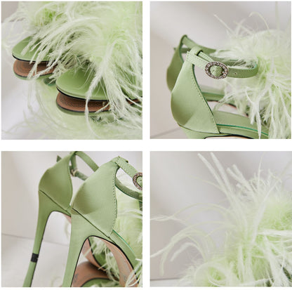 B-FEI Original Design Niche Design Romantic Feather Fruit Green Sexy High Heels Sandals- Diana