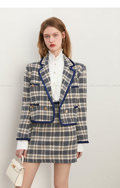 DPLAY2022 autumn new style edging contrast color ribbon small British plaid short jacket skirt suit set- Kia