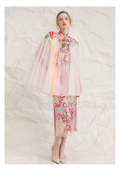 Retro Chinese style dress cloak two-piece set mid-length embroidered dress- Carla