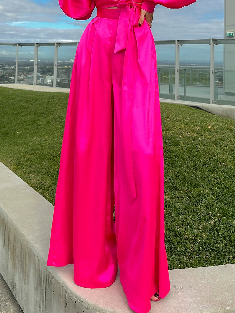 Le Palais Vintage Elegant Barbie Pink Silk Shirt High-Waist Wide-leg Pants-Kate