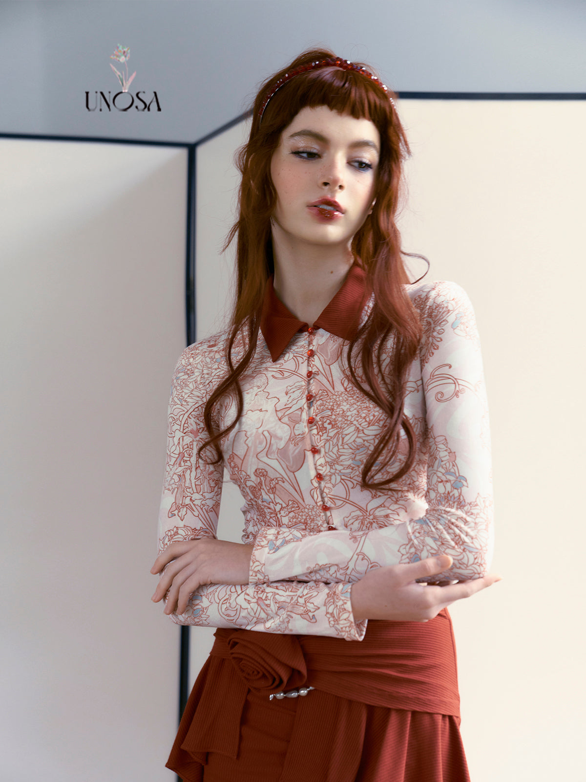 Velvet red print bottoming waist top and flower skirt suit set- Nola