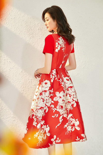 Spring retro 1950 red feminine jacquard short sleeve wedding guest audrey hepburn dress - Bailey