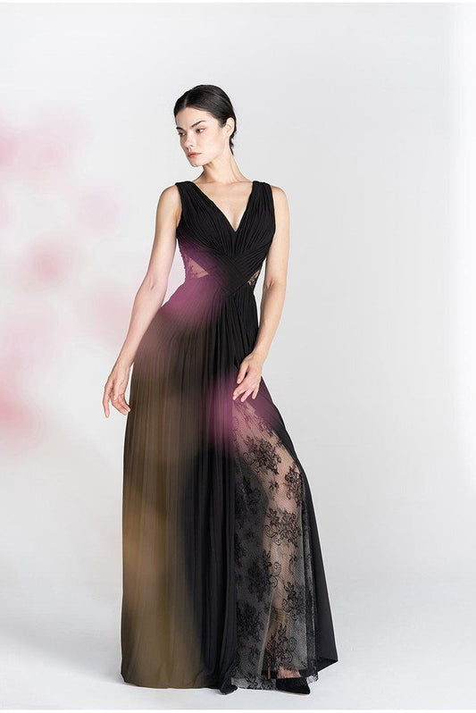 Uniquely pleated lace design long black sexy evening dress - Buko
