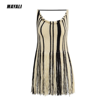 MAYALI contrast tassels khaki panels black stripes, summer dress - riiie