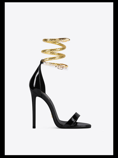 Black Open-toe high-heel metal snake buckle stiletto sandals - Kao white