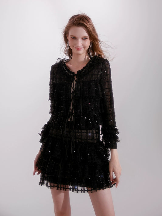 Wardrobes by Chen High End Black Sequin Checkered Coat/ Pleat Lace Skirt- Terai