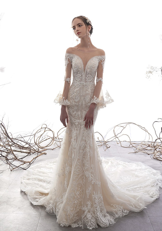 Early Spring 2023 fishtail wedding long-sleeved small trailing wedding dress- Eleganca