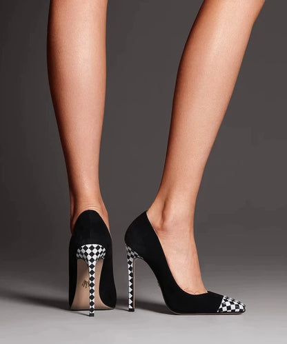 Fab fei checkered square toe stiletto professional womens black pumps - Saiis