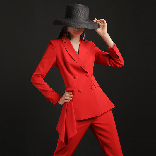 Red Suit 2023 Spring and Autumn Irregular Evening Suit- Tela