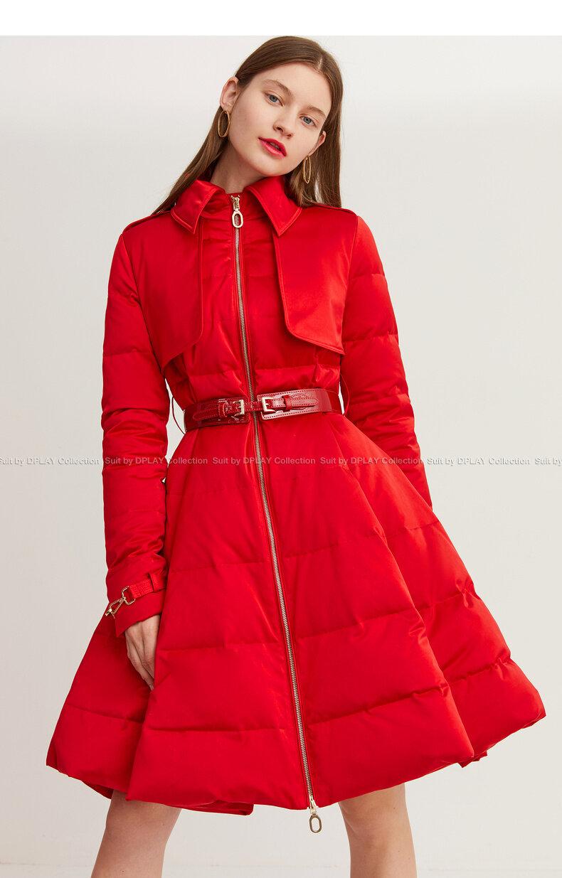 Long red Down coat winter red waist and big swing design pleated coat -Jara