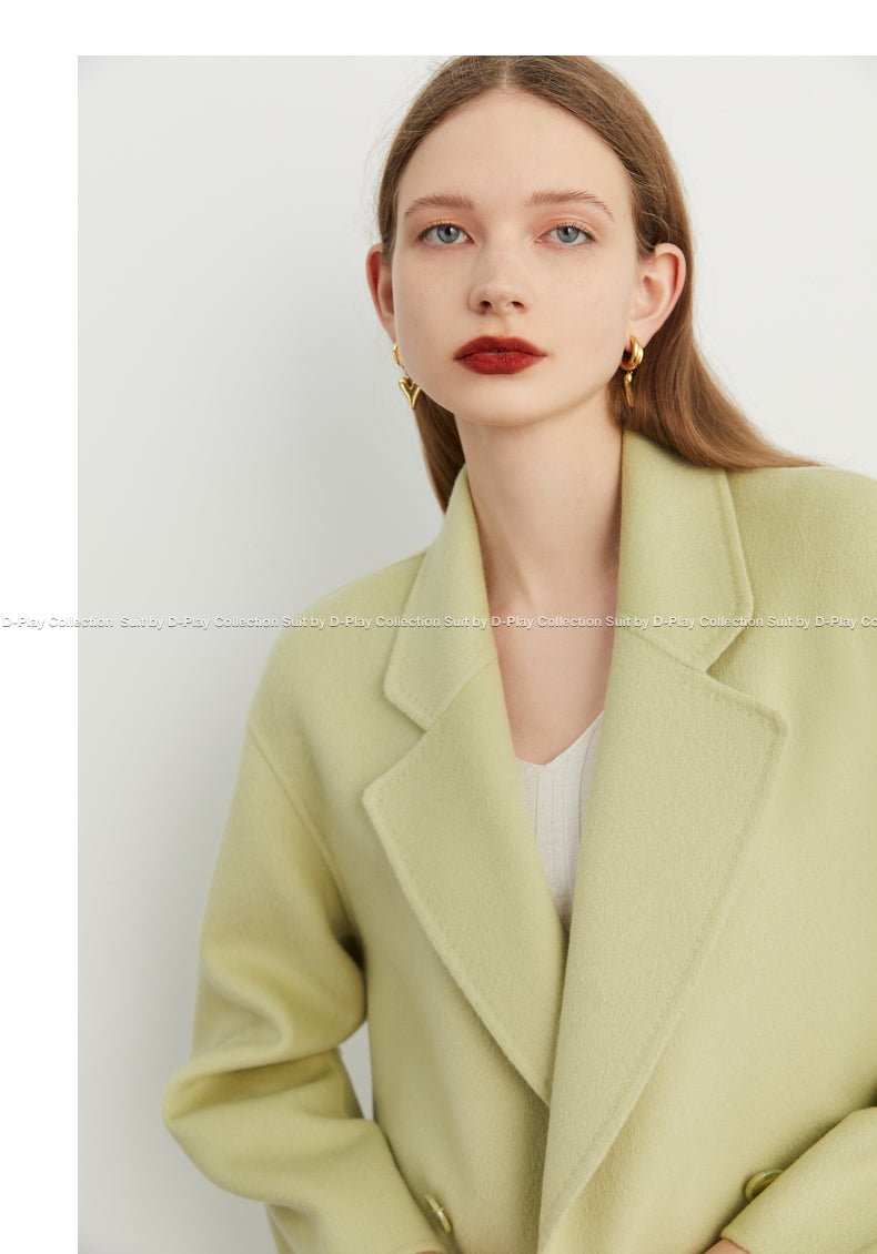 Winter heavy set-dye cardamom green wool double-sided woolen classic lapel mid-length lace-up coat - Caramia
