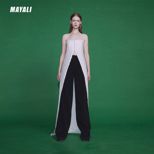 MAYALI mid-length single-breasted slip pressed pleated dress - Oceiji