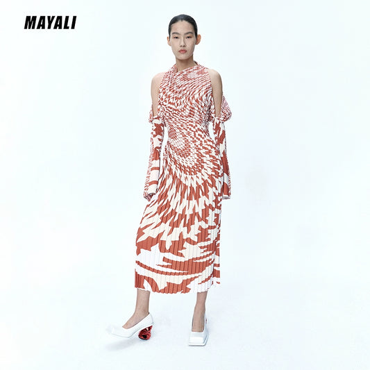 MAYALI FALL/WINTER womens three dimensional off shoulder pleat midi open back dress - Kieju
