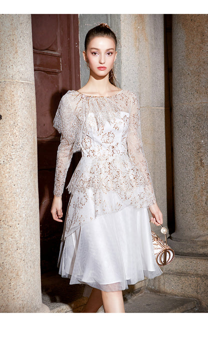 Luxury layered mesh embroidered french lace wedding dress - Tena