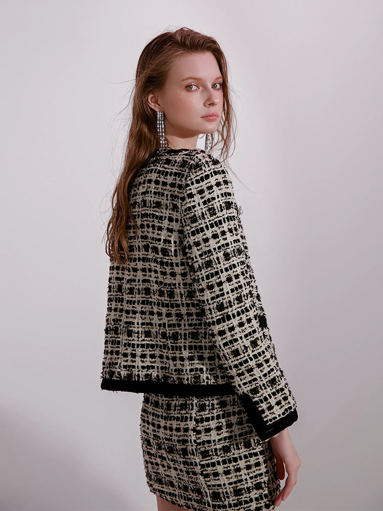 Wardrobes by Chen High End plaid twee Diamond Button Jacket mini dress- Kaya