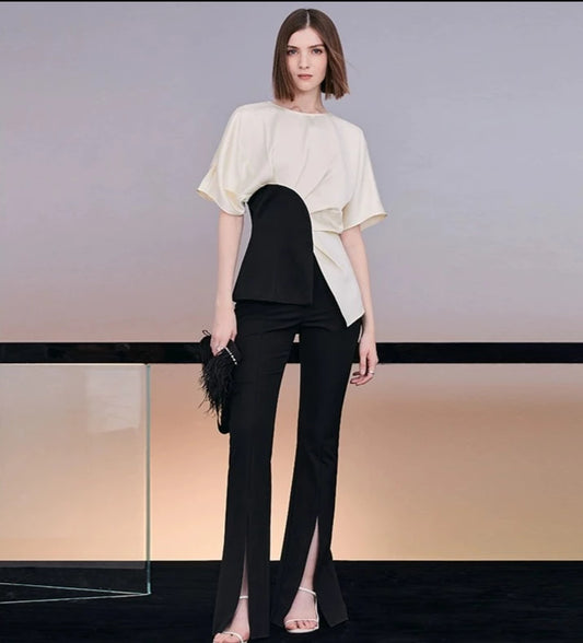 PURITY Classic geometric contrast satin top- Sicily