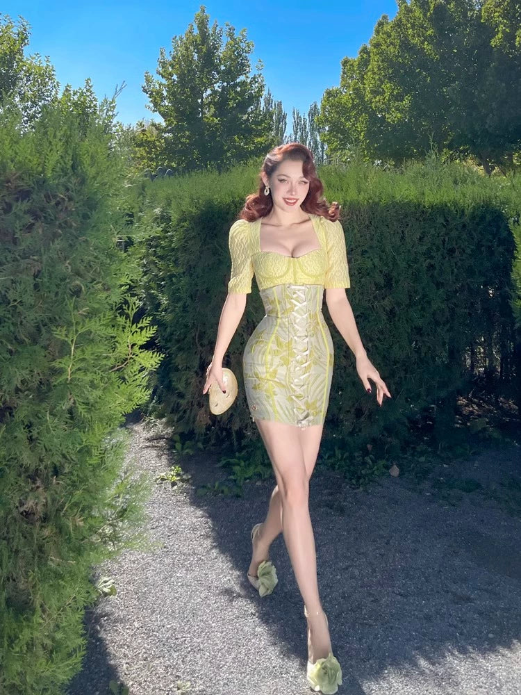 Le Palais Vintage Elegant Lemon Yellow Bodice Puff Sleeve Dinner Top-Maya.