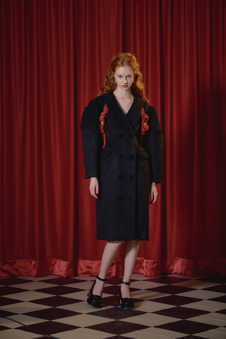 Black red bow detachable waist coat wool coat- Chilia