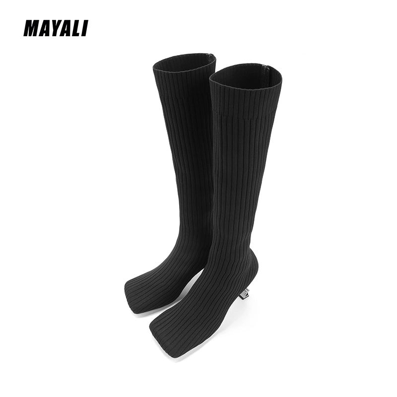 MAYALI square-toe black high-heeled elastic high boots - lioe