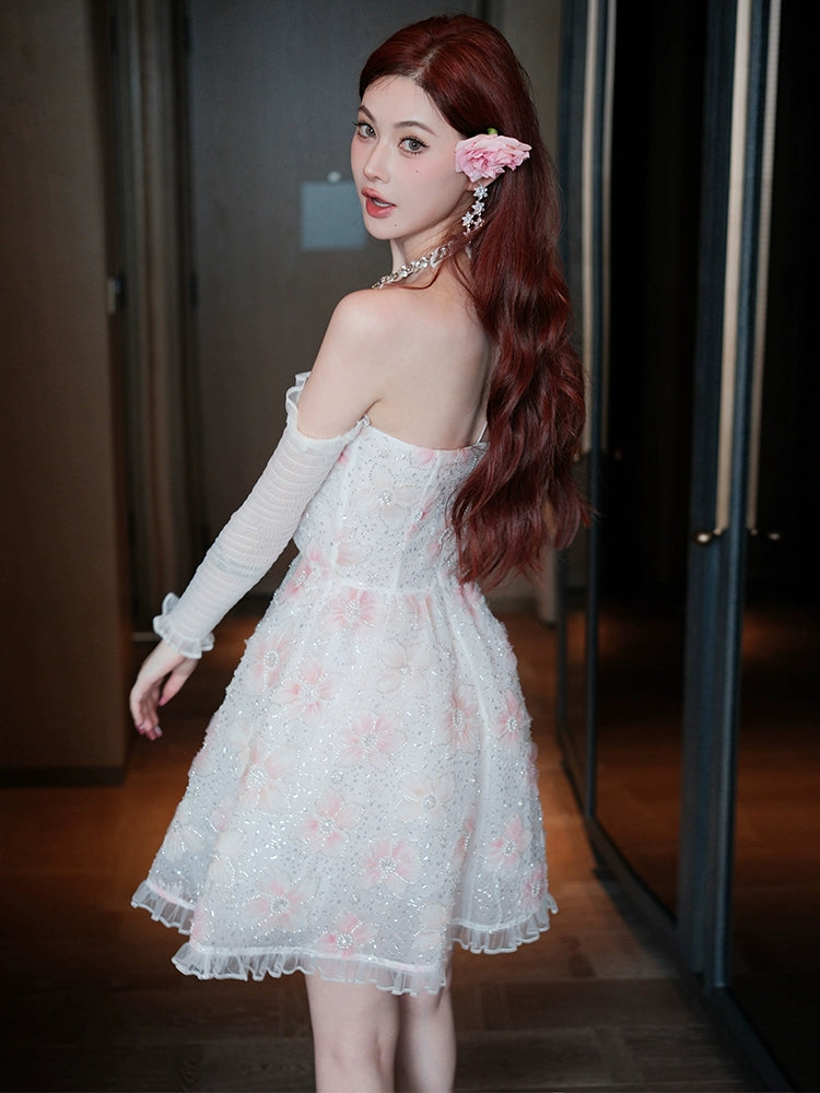 Wardrobes by Chen Elegant Pink Halter Long Sleeve Flower Dinner bridal Dress-Gika