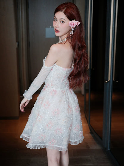 Wardrobes by Chen Elegant Pink Halter Long Sleeve Flower Dinner bridal Dress-Gika