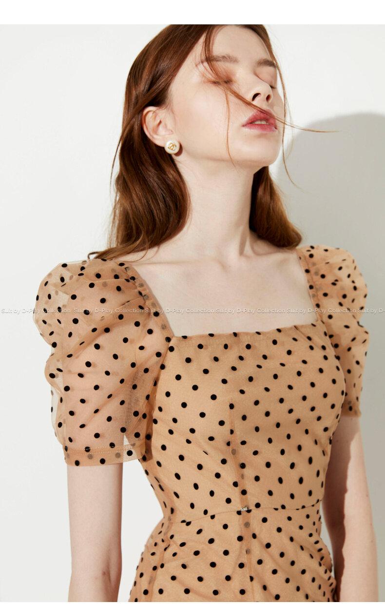 New wave polka dot puff sleeve French square neck fishtail dress - Carly