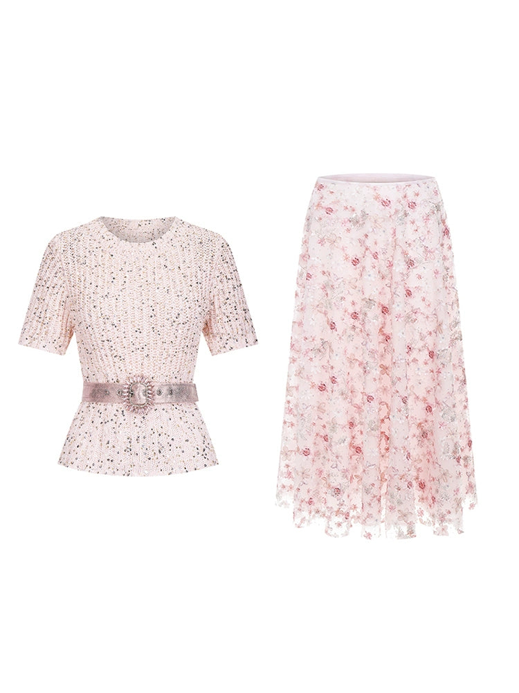 Wardrobes by Chen Elegant Pink Sequin Embroidered Long midi Skirt - Jiaa