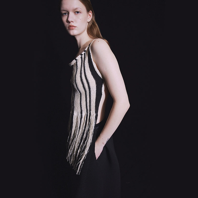 MAYALI contrast tassels khaki panels black stripes, summer dress - riiie