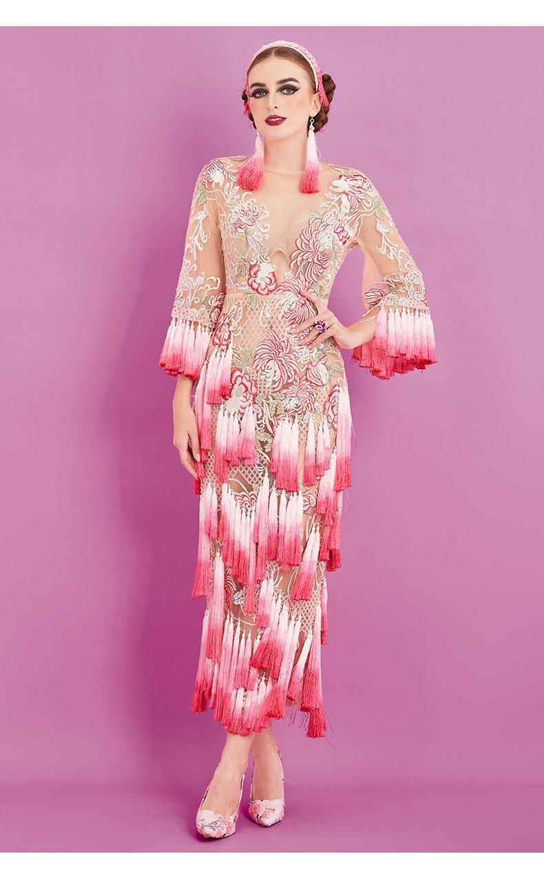 Vintage inspired retro tassel pink dress- Victoria XL