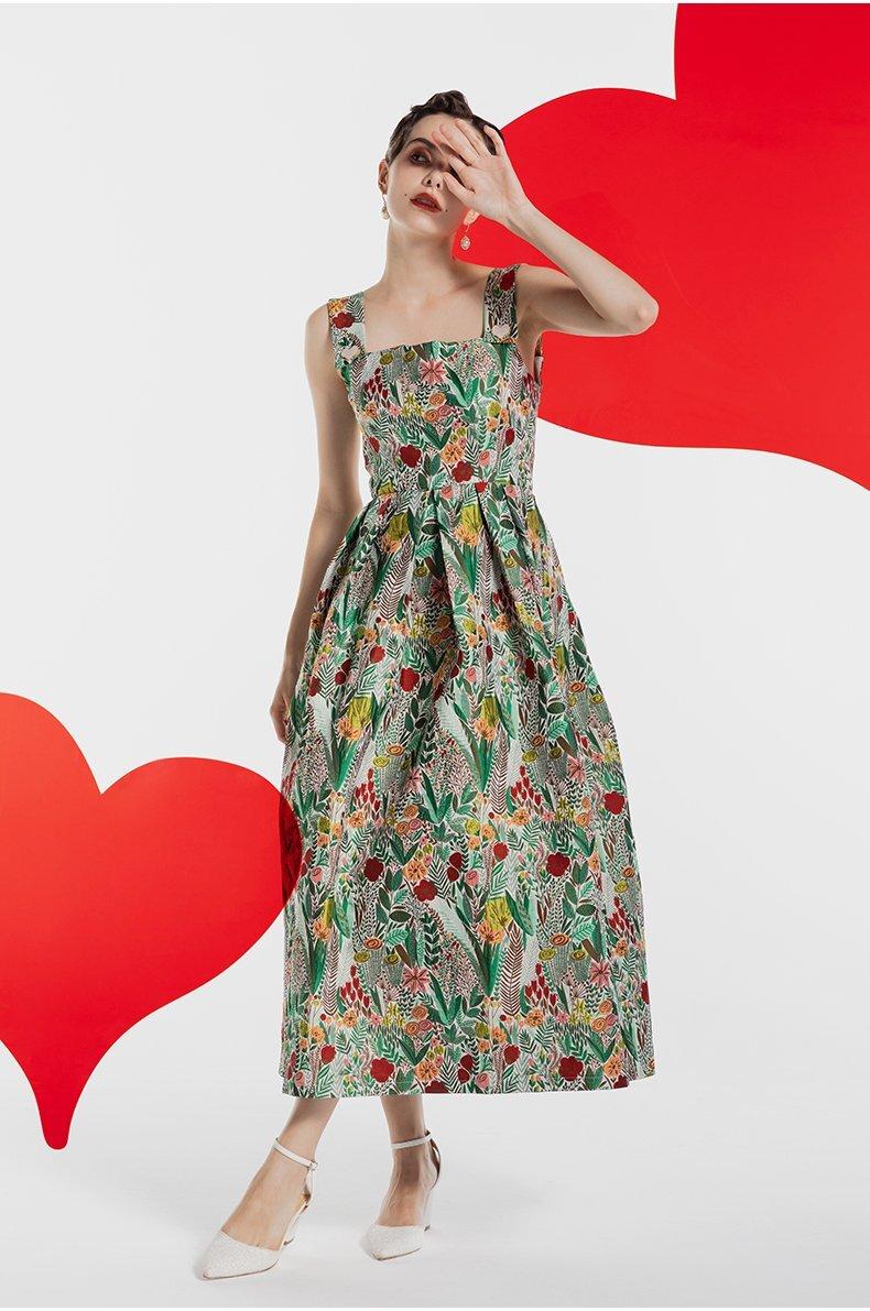 GOUDIN Custom green floral jacquard princess sling fairy dress - Ruila. M GOUDIN Custom green floral jacquard princess sling fairy dress - Ruila. M
