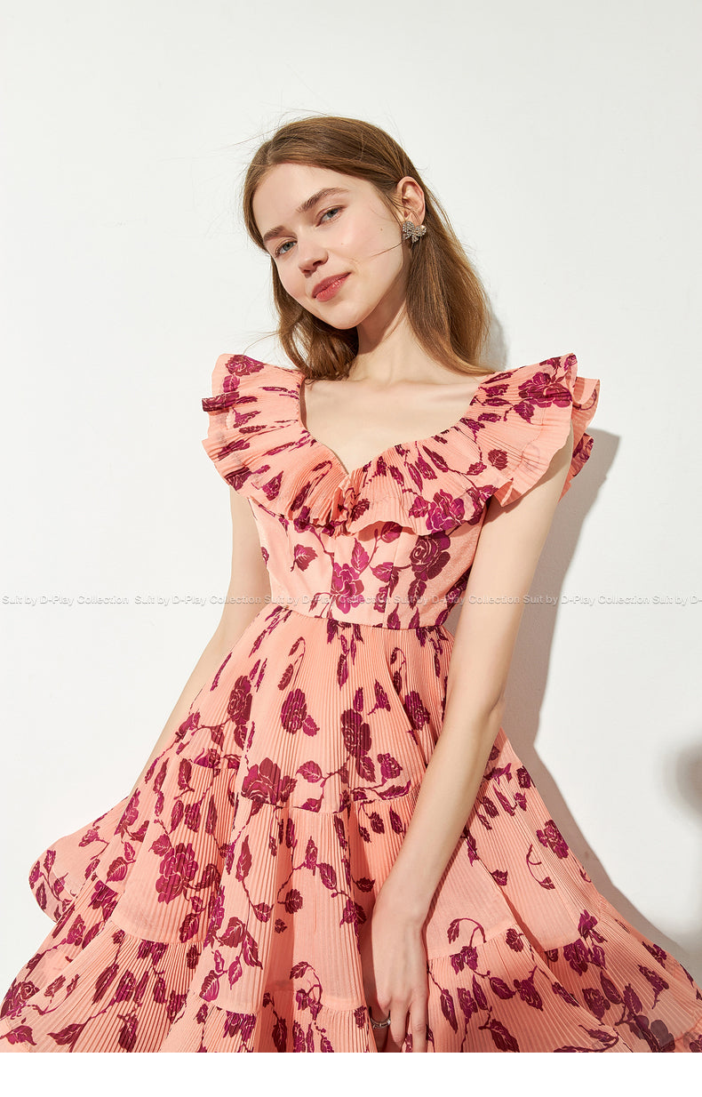 Summer new retro style fugitive princess coral crushed flower puffy dress - Nilo