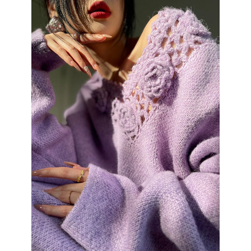 Aconiconi|Purple Flower Crochet openwork long cropped loose wool knit sweater  dress - Twilight