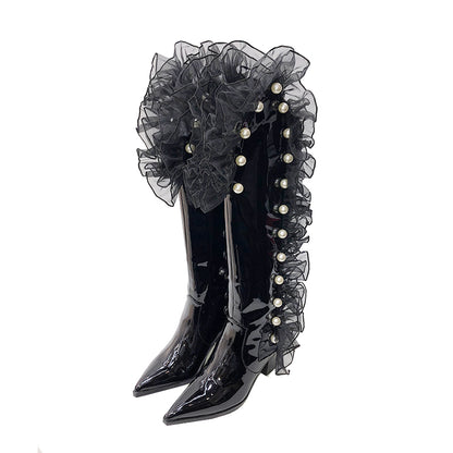 B-FEI lace pearl patent leather top layer autumn and winter high fashion boots- Chae
