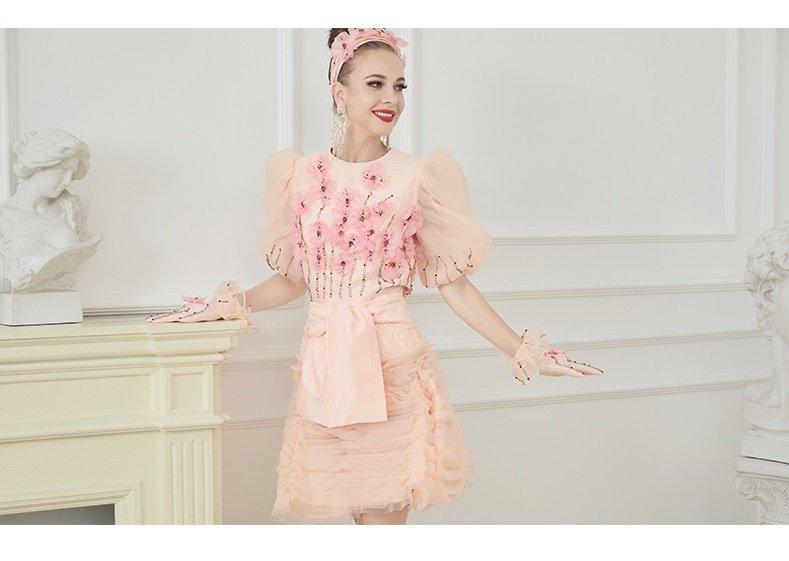 Pink handmade printed flower ruffled pleated romantic suit cocktail suit- Roma